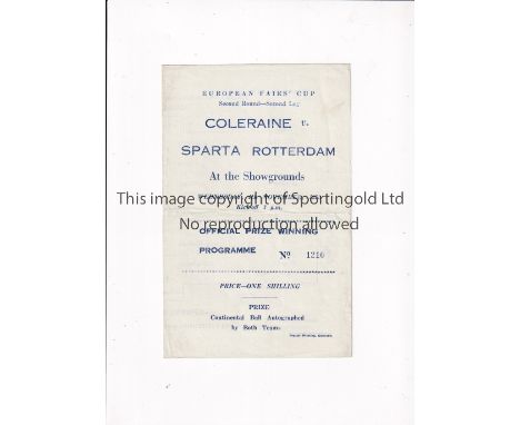COLERAINE V SPARTA ROTTERDAM 1970       Programme for the Fairs Cup tie at Coleraine 4/11/1970, slight horizontal crease and 
