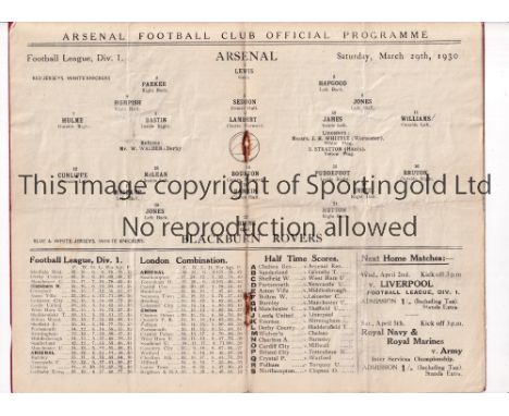 ARSENAL / 1930 FA CUP FINAL      Home programme for the League match v Blackburn Rovers 29/3/1930. The application form for a