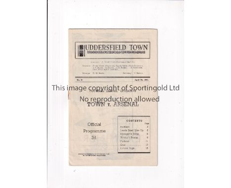 ARSENAL     Programme for the away League match v Huddersfield Town 7/4/1947, team changes and scores entered.    Generally g