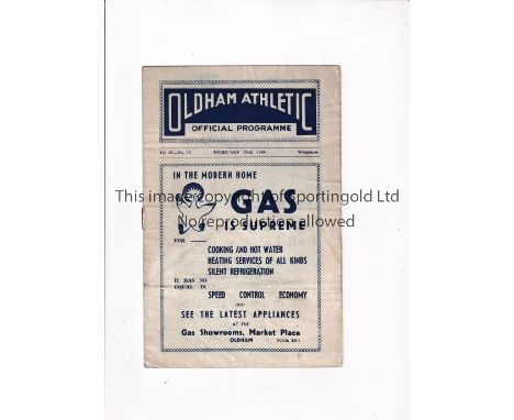 OLDHAM ATHLETIC V BARROW 1946     Programme for the FL Cup Qualifying tie at Oldham 23/2/1946, slightly creased and slightly 