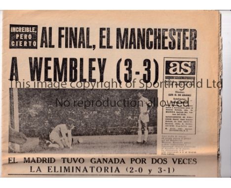 1968 REAL MADRID V MANCHESTER UNITED   An original Spanish newspaper from 16/5/68 covering the game between Real Madrid and M