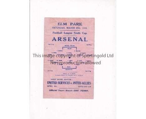 ARSENAL    Single sheet for the away FL South Cup tie v Reading 25/3/1944, cleaned and very slightly worn.    Generally good
