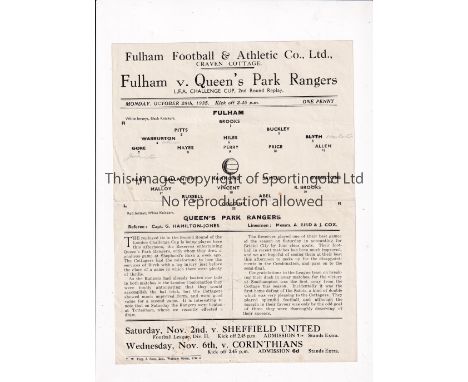 FULHAM V QPR 1935       Single sheet programme for the London FA Challenge Cup tie at Fulham 28/10/1935, horizontal fold.    