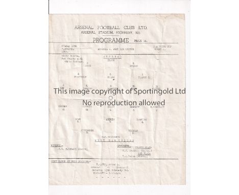 ARSENAL V WEST HAM UNITED 1964     Single sheet programme for the FA Youth Cup tie at Arsenal 10/2/1964, folded and very slig