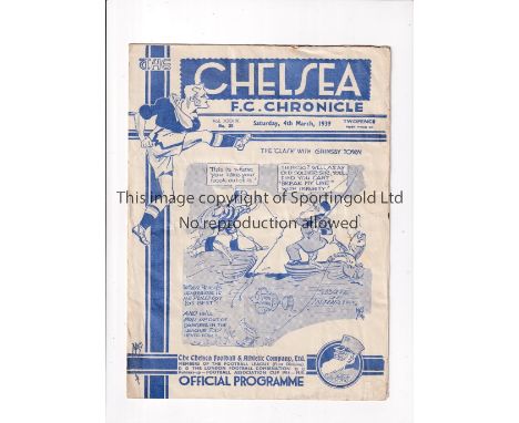 CHELSEA       Programme for the home FA Cup tie v Grimsby Town 4/3/1939, horizontal crease.      Generally good