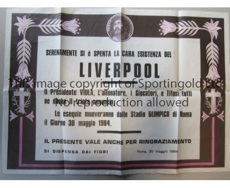 1984 EUROPEAN CUP FINAL / AS ROMA v LIVERPOOL       Match played 30/5/1984 at Stadio Olimpico, Rome. Very rare lithographic M