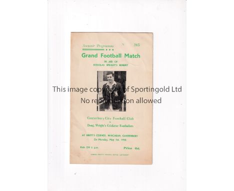 CANTERBURY CITY V DOUG WRIGHT XI 1950     Card programme for Doug Wright's benefit at Canterbury 1/5/50. Players from Arsenal
