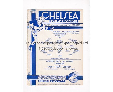 CHELSEA       Single sheet programme for the home London Challenge Cup tie v Charlton Ath. 13/10/1937, ex-binder.      Genera