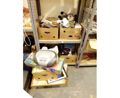 Two boxes of mixed household items and tools and four boxes of further mixed household items including pictures, glass and ce