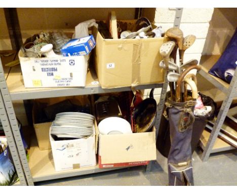 Large mixed lot including two boxes of mixed ceramics and glass including Carnival glass and a vintage golf bag with golf clu