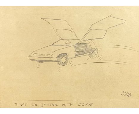 'Things Go Better with Coke', a signed pencil cartoon sketch by JAK (Raymon Allen Jackson) featuring a DeLorean DMC-12. Frame
