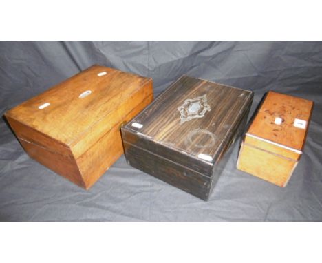A MOTHER OF PEARL INLAID BOX, MAHOGANY BOX AND TEA CADDY