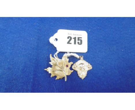 ART NOUVEAU FRENCH GOLD PENDANT DEPICTING A YOUNG LADY AND A 14CT LEAF BROOCH SET WITH A RUBY