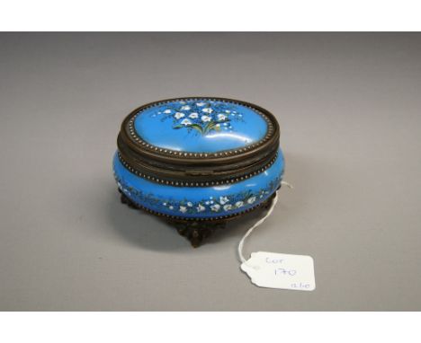 A 19th century enamelled bronze trinket box with hinged cover, having a silk-lined interior and being painted with applied mo