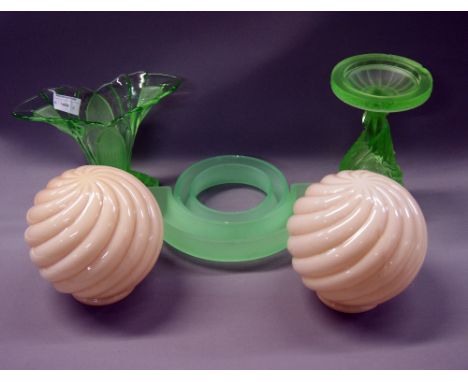 A selection of Art Deco and later glass, including light shades, a vase and a figural pedestal 