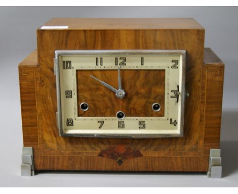 An Art Deco inlaid walnut chiming mantle clock with chromed additions and Arabic numerals