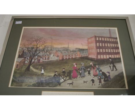 Helen Bradley, a colour lithograph of a figural scene with factories. Inscription to the lower-border. Mounted, framed and gl