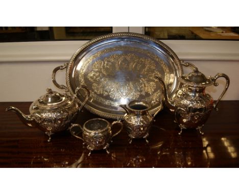Good quality silver plated four piece tea service on a silver plated tray 