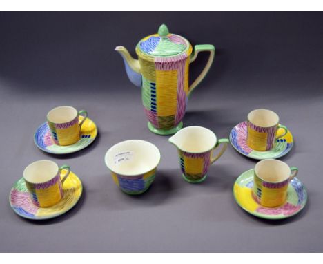 Crown Devon Fieldings. A hand painted ceramic coffee service, comprising: coffee pot, cream Jug, sugar bowl, four coffee cans