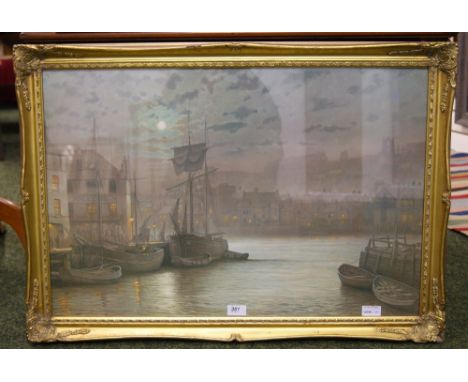 Rodney Charman colour print of a Victorian dock scene set in a guilt frame and glazed