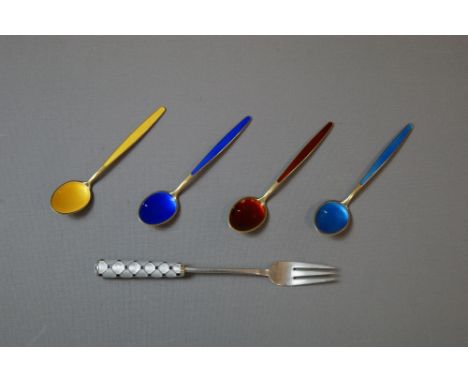 A set of four enamelled Norwegian silver teaspoons, together with a Korean silver and enamel dessert fork 