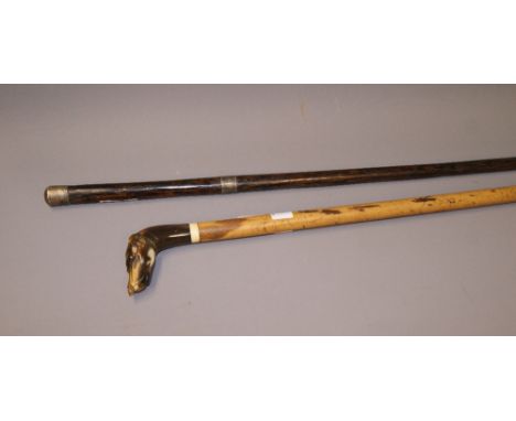 A coromandel walking cane with white-metal mount and collar, together with a walking stick with a carved horn grip in the for