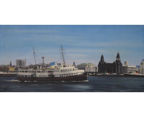 R Jeacock, an oil on canvas depicting the Liverpool waterfront. Central in the picture is the Royal Daffodil Mersey ferry. Si