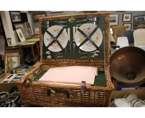 A WICKER PICNIC HAMPER BASKET &amp; CONTENTS