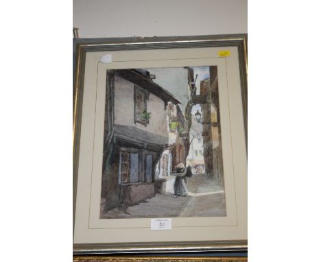 A VINTAGE WATERCOLOUR DEPICTING A CONTINENTAL STREET SCENE 
