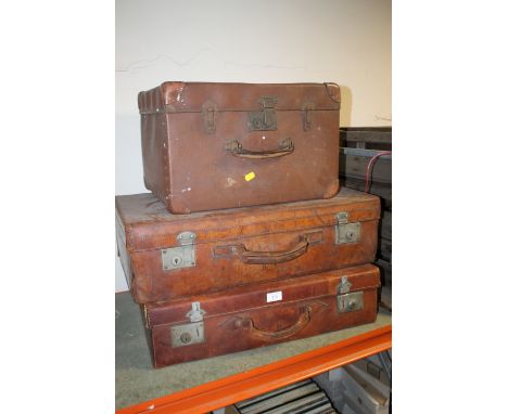 TWO VINTAGE LEATHER SUITCASES TOGETHER WITH ANOTHER