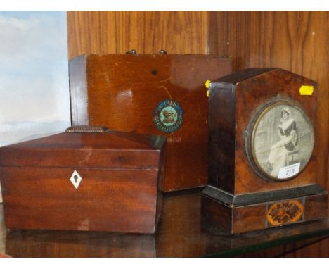 AN INLAID TUNBRIDGE WARE CLOCK MOUNT A.F TOGETHER WITH MAHOGANY TEA CADDY &amp; LION MENUCATOR PORTABLE SCREENPRINT 