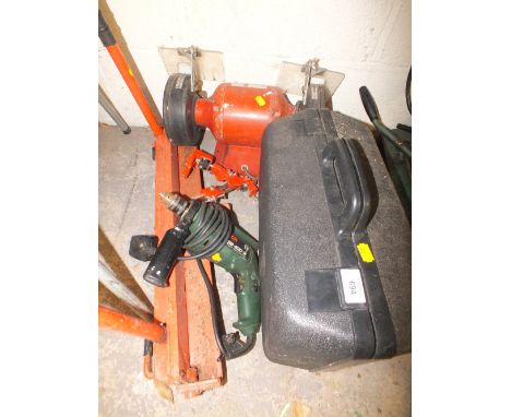 A BENCH GRINDER, BOSCH DRILL, CASE OF TOOLS ETC