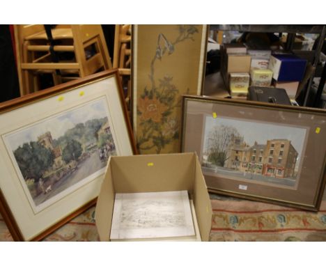 A STURGEON PRINT TOGETHER WITH A CHINESE TYPE PICTURE, BOX OF ASSORTED SKETCHES AND ANOTHER PICTURE OF A HIGH STREET