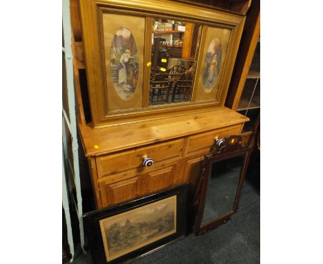 AN EDWARDIAN OVERMANTEL MIRROR GEORGIAN STYLE WALL MIRROR AND A PRINT (3)