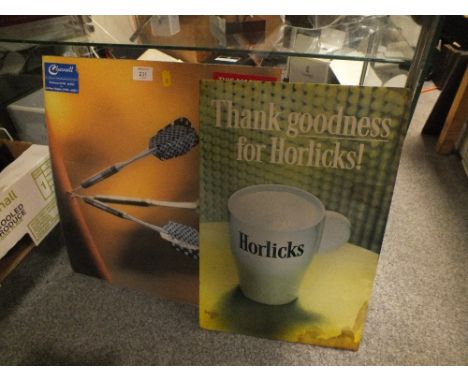 A VINTAGE HORLICKS ADVERTISING SIGN TOGETHER WITH A VINTAGE DARTS ADVERTISING IMAGE (2)