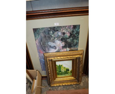 A LARGE FRAMED AND GLAZED FIGURATIVE PRINT TOGETHER WITH A DEEP GILT FRAMED EXAMPLE (2) 