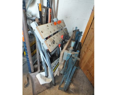 TWO WORK BENCHES PLUS GARDENING TOOLS