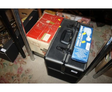 A JESSOPS HARD CASE CONTAINING VIDEO CAMERAS TOGETHER WITH A BOXED PROJECTOR 