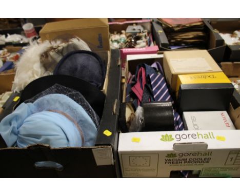 TWO BOXES OF LADIES VINTAGE HATS AND BOXED WIGS TO INC DELTRESS AND A QUANTITY OF GENTS TIES TO INC CLUB / DESIGNER EXAMPLES 