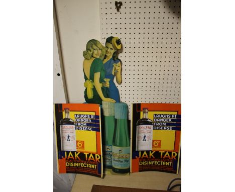 A VINTAGE CARDBOARD BABYCHAM ADVERTISING SIGN TOGETHER WITH TWO JAK TAR EXAMPLES