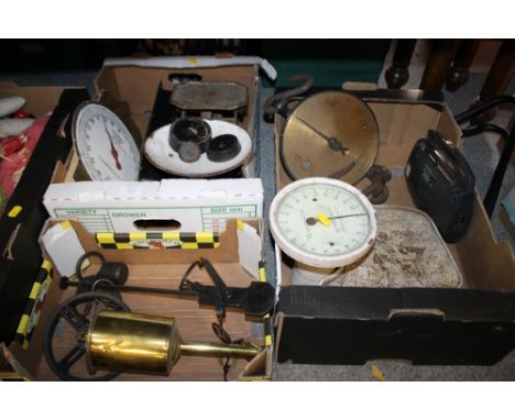 A QUANTITY OF VINTAGE SCALES, WEIGHTS, MEAT JACK ETC