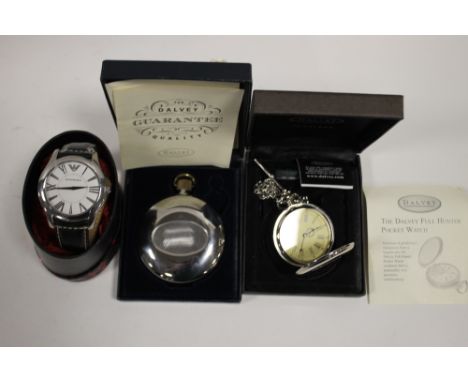 A GENTS EMPORIO ARMANI GENTS WRISTWATCH TOGETHER WITH A DALVEY POCKET WATCH AND TRAVELLING CLOCK 