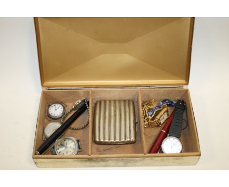 A BOX OF WRISTWATCHES TO INCLUDE TRENCH WATCH TOGETHER WITH VINTAGE CIGARETTE CASE 