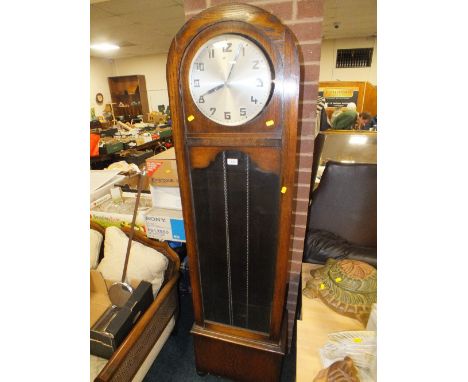 AN ART DECO OAK CASED LONGCASE CLOCK - TRIPLE CHROME WEIGHTS - PENDULUM, H 191 cm