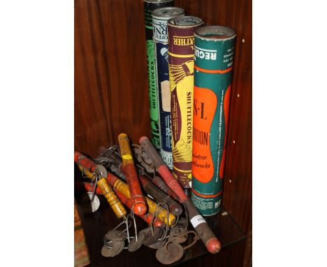 A QUANTITY OF UNUSUAL WOODEN PERCUSSION INSTRUMENTS TOGETHER WITH FOUR VINTAGE SHUTTLECOCK BOXES &amp; CONTENTS