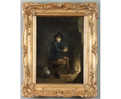 After David Teniers the Younger A man sitting furtively Oil on canvas laid down on panel In a gilded frame With old "Arthur A