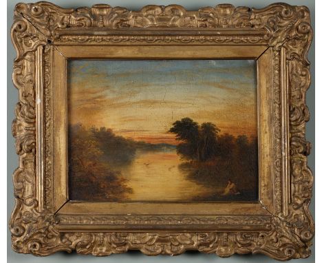 Circle of J. M. W. Turner River landscape with a figure Oil on panel Extensively inscribed,Â&nbsp;verso,Â&nbsp;with provenanc