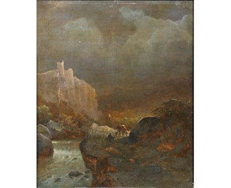 17th Century Travellers in a landscape Oil on beveled panel Inscriptions,Â&nbsp;verso  Dimensions: (Frame) 12 in. (H) x 10.5 