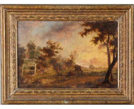 Circle of Isaac de Moucheron (1667-1744) Pastoral landscape with figures Oil on oak beveled panel  Dimensions: (Frame) 11.5 i