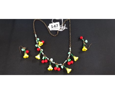 LOVELY VINTAGE CZECH GLASS FLOWER &amp; CHERRY NECKLACE &amp; EARRING SET